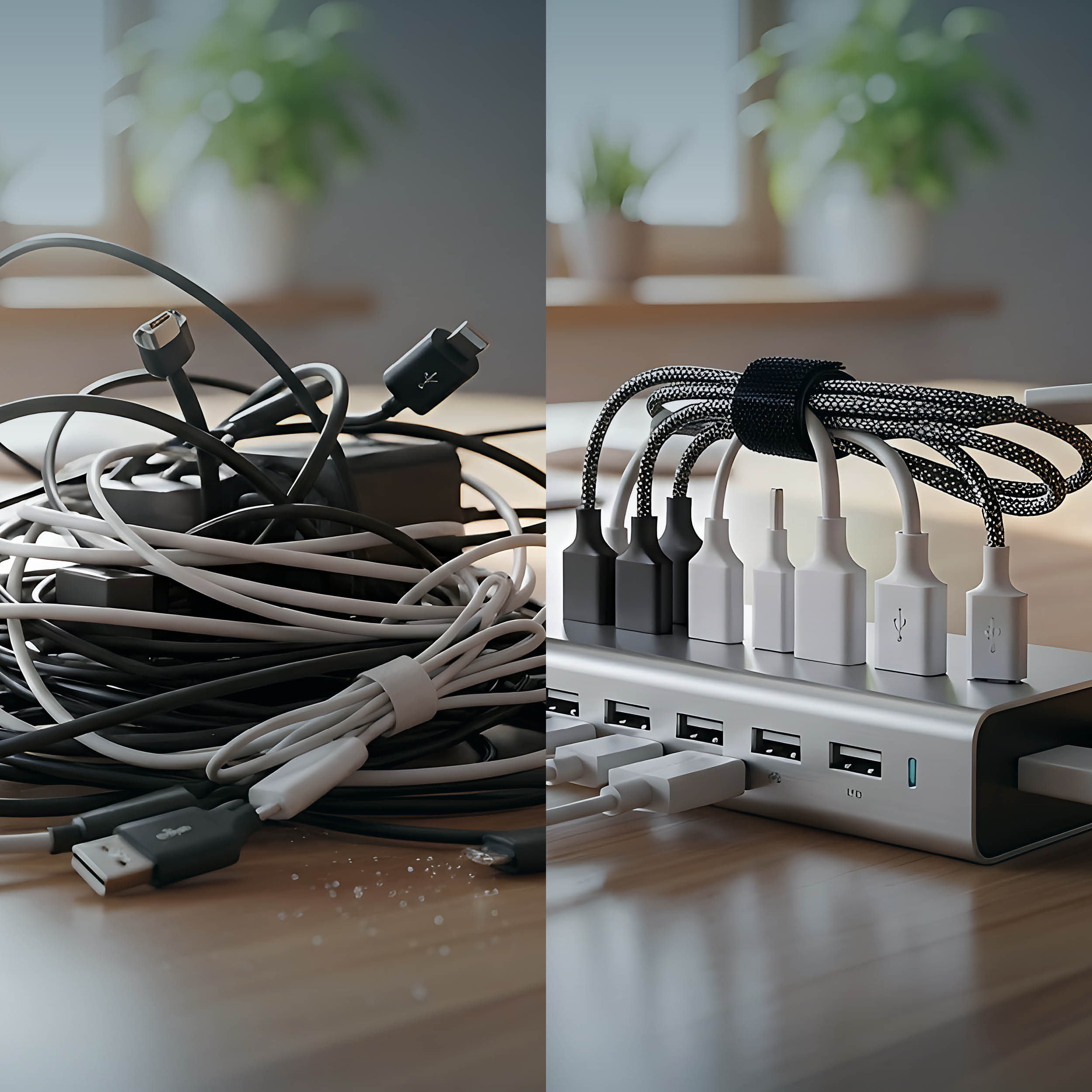 Beitragsbild: Vorher Kabelsalat, mit ACENT aufgeräumte Kabel